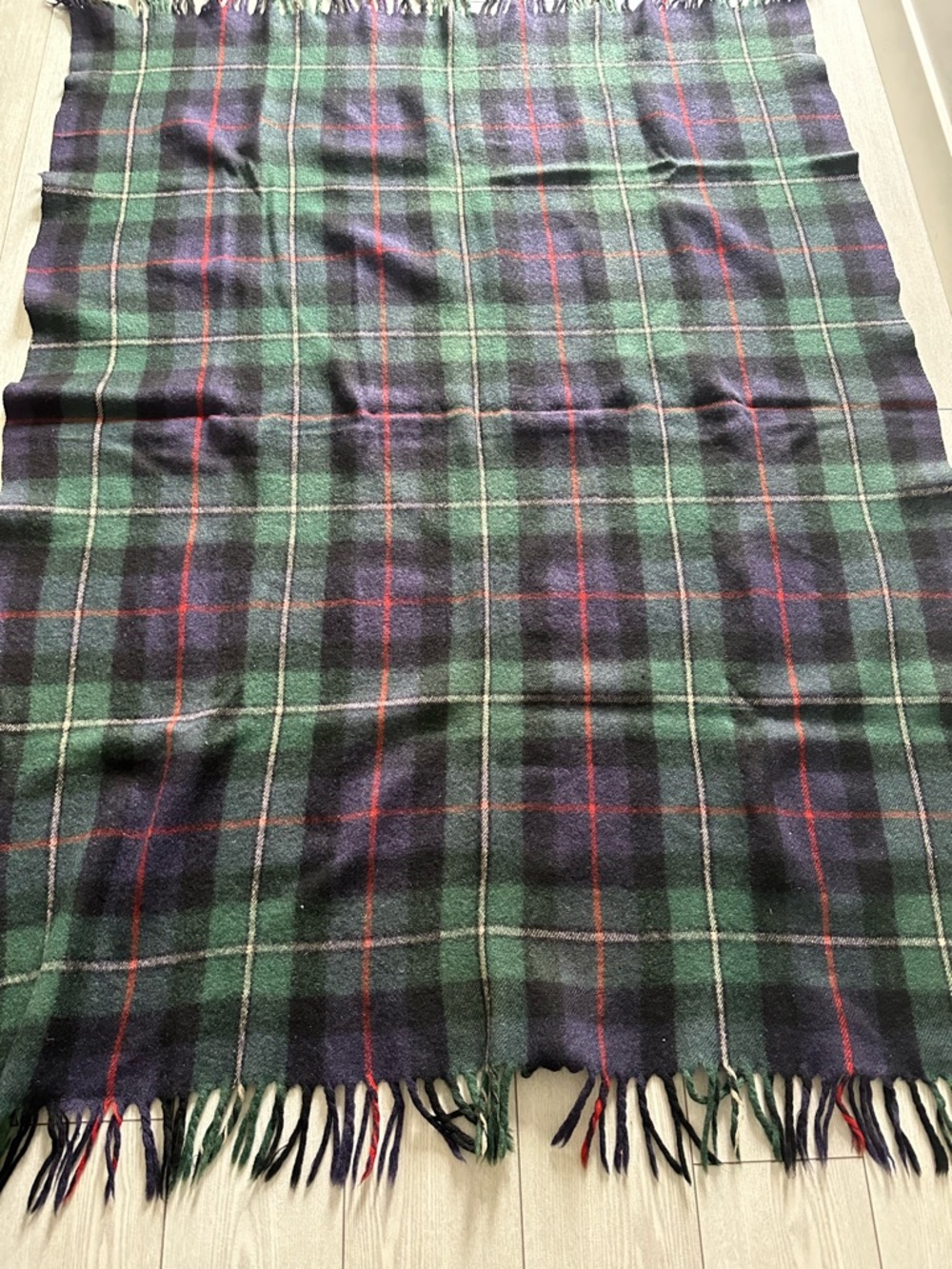 Classic Green and Navy Plaid Fringe Wool Car Blanket or Throw Blanket